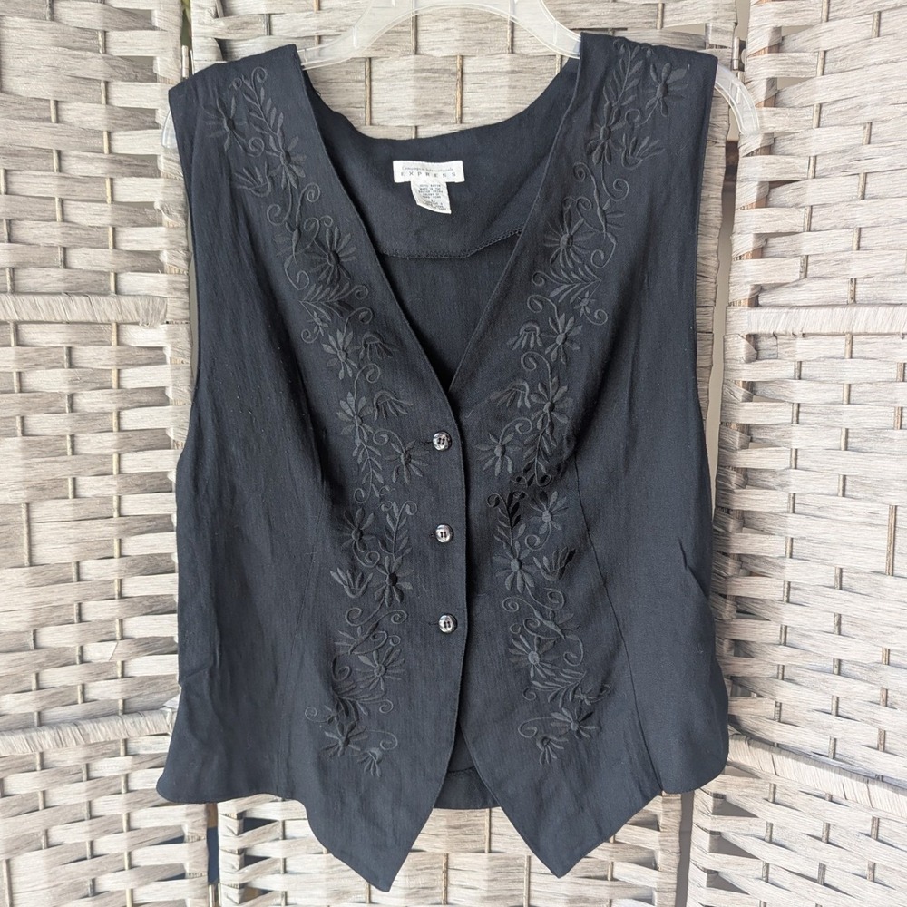Vtg 90s Compagnie Internationale Express Vest Black Embroidered Dark Academia L